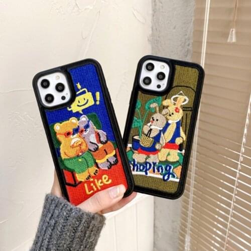 3D Cute Bear Embroidery Phone Case For iPhone 12Pro Max Case 11Pro XS MAX XR 7 8 Plus Cartoon Rabbit Matte Shockproof Soft Cover