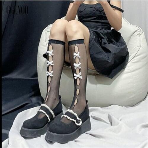GGLNOO Harajuku Black White Bow Lace Mesh Knee High Socks Women Lolita Chic Streetwear
