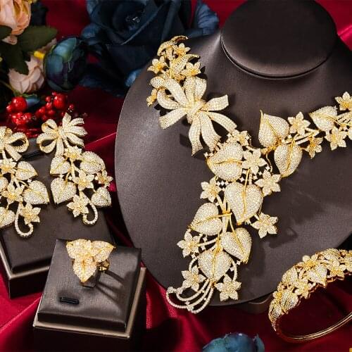 KellyBola Fashion High Quality Zircon Flower Necklace Bracelet Earrings Ring Set Noble Bride Wedding Exclusive Jewelry new 2021