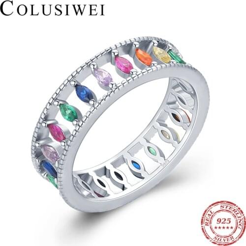 Colusiwei Ins Style 925 Sterling Silver Rainbow Ring Multiple Color Marquise Zircon Finger Ring for Women Fashion Jewelry