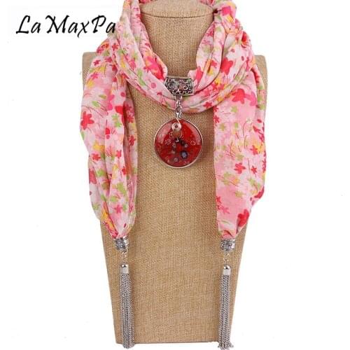 LaMaxPa New Women Circular Pendants Jewelry Chiffon Scarf Necklaces Metal Tassel Neckerchief Wrap Foulard Female Accessories
