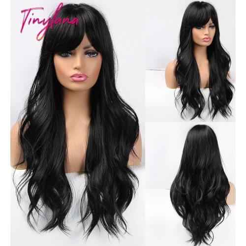 TINY LANA Pure Black Wig with Side Bangs Long Natural Wave Synthetic Wigs for Black Woman Cosplay Party Heat Resistant Fiber