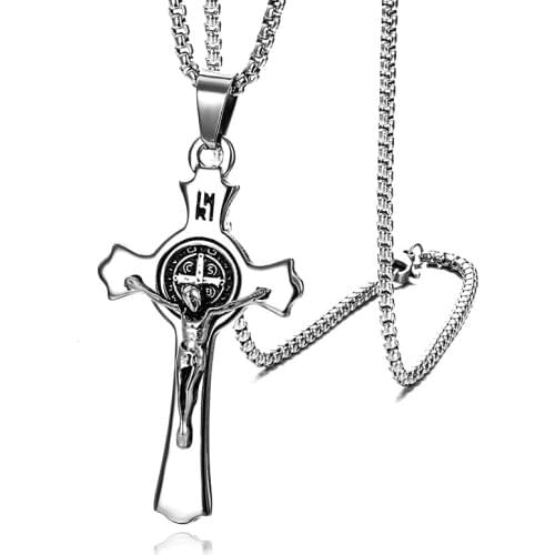 Mens Necklace Silver Color Cross Jesus God Pendant Crucifix Lord Prayer Religion Jewelry Stainless Steel Necklace Chain 24 Inch