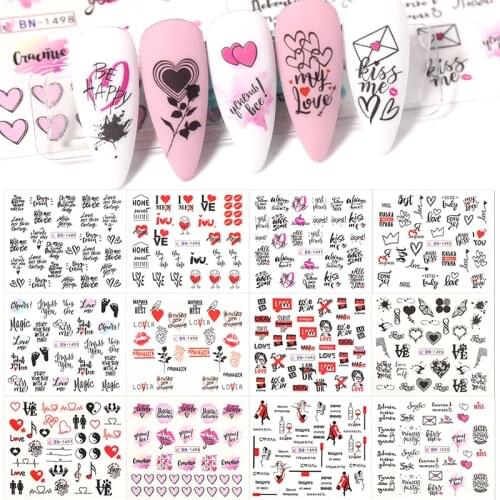 12 Styles Valentines Love Letter Heart Sliders for Nails DIY Manicuring Nail Art Decoration Water Decals Sticker Tips