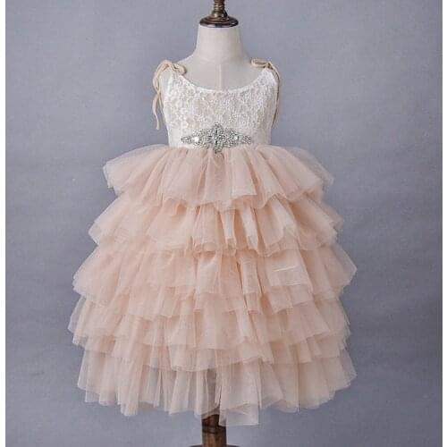 2018 Summer New Girls Lace Princess Dress Childrens Gauze Sling Kid Flower Dresses with Rhinestone Sashes