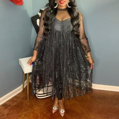 Summer 2021 New Solid Color Round Neck Net Yarn Perspective Sexy Solid Color High Waist Womens Dress Long Sleeve African