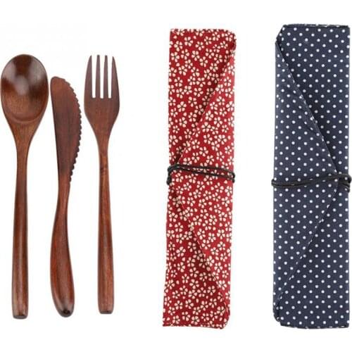 New Portable Reusable Wooden Cutlery Bamboo Flatware With Bags Spoon Fork Cutter Dinnerware Tableware Dinnerware Sets