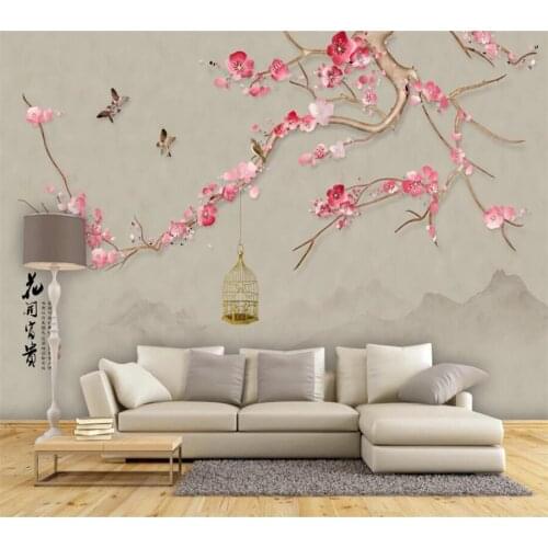 Beibehang Custom wallpaper 3d murals new Chinese hand-painted pen flower bird red plum ink landscape sofa background wall paper