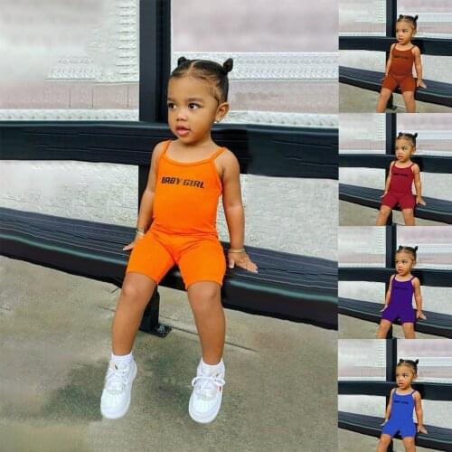 Childrenswear 2020 Summer Kids' One-piece Suit Camisole Solid Color Sunken Stripe Shorts Girls' Jumpsuit kids clothing