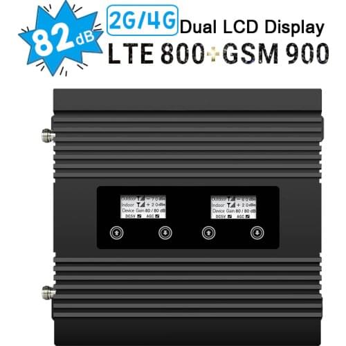 4G LTE GSM Repeater 800 900 mhz Dual Band Mobile Phone Signal Booster Band 20 82dB Gain 4G LTE 800 GSM 900 Amplifier LCD Display