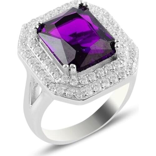 Silver 925 Sterling Amethyst Zircon Engagement Ring