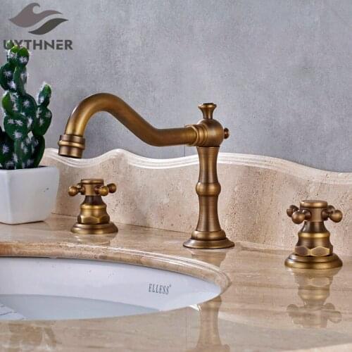Uythner Big Discount 3pcs Long Spout Basin Faucet Double Crossed Handle Mixer Tap Antique Brass Finish