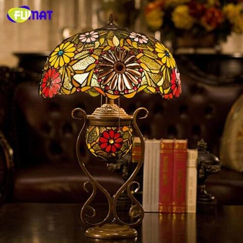 FUMAT Glass Art Table Lamp Luxury Sunflower Stained Glass Tiffany Lamp For Living Room Bedside Stand Hotel Decor Light Fixtures
