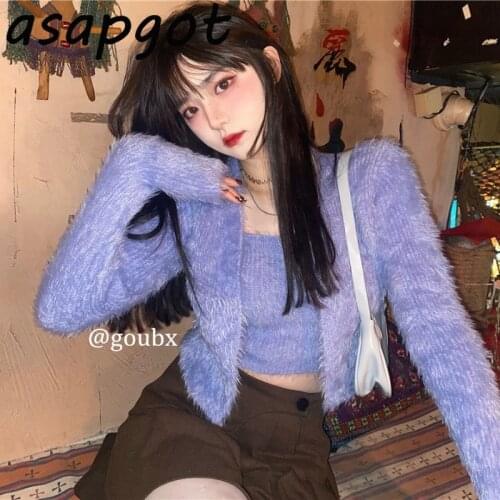 Sweaters&Jumpers V Neck Long Sleeve Purple Blue Knitted Tops Fashion Sweet Chic Retro Short Cardigan Jacket Camisole Pull Solid