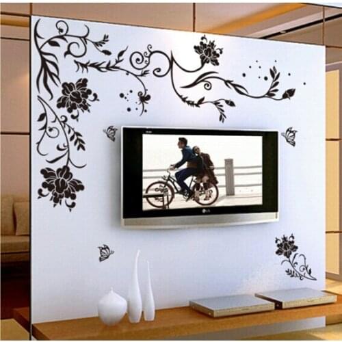 Black Flower vine butterfly vinyl wall stickers home decor rooms living sofa wallpaper Design wall art decals house decoration