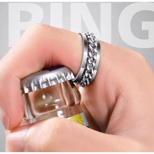 Vintage Mens Wine Bottle Ring Titanium Steel Ring Rotatable Bottle Opener Rings Women and Men Stainless Steel Chain Ring