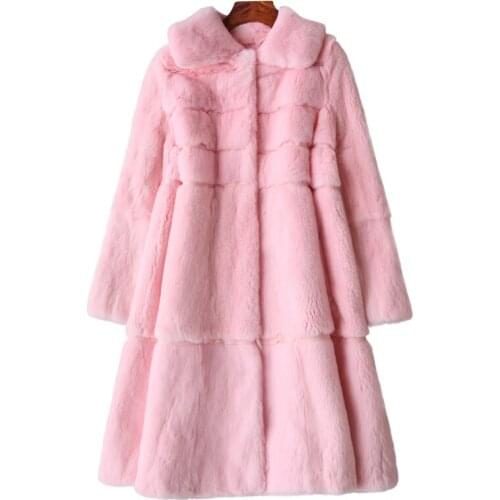 Korean Style Lady Real Rabbit Fur Coat Jacket Turn Down Collar Autumn Winter Women Fur Trench Outerwear Coats Garment VF1086