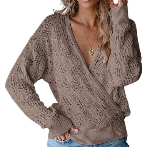 New sweater Women Deep V Neck Wrap Hollow Sweater Long Sleeve Crochet Knit Pullover Top winter clothes women ropa de mujer 2020