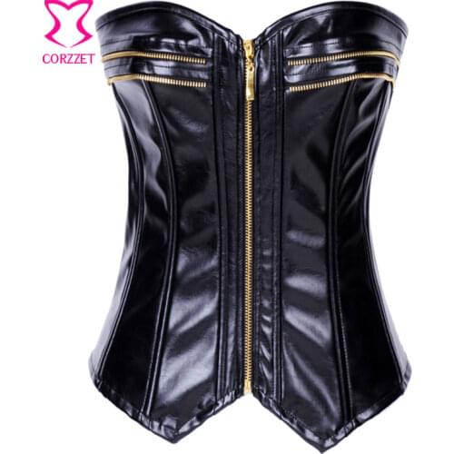 Burlesque Women Black Faux Leather Corset Gothic Club Bustier Sexy Overbust Corselet Zipper Punk Corsets and Bustiers Corpete