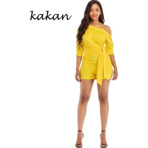 Kakan 2019 summer new womens one-piece shorts solid color oblique collar button jumpsuit red black white jumpsuit