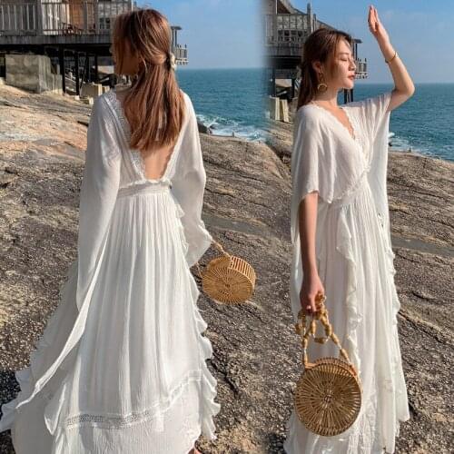 Womens Backless Dress Embroidery Backless Sexy Loose V-neck White Dress Elegant Loose Slim Travel Beach Holiday Beach Dress