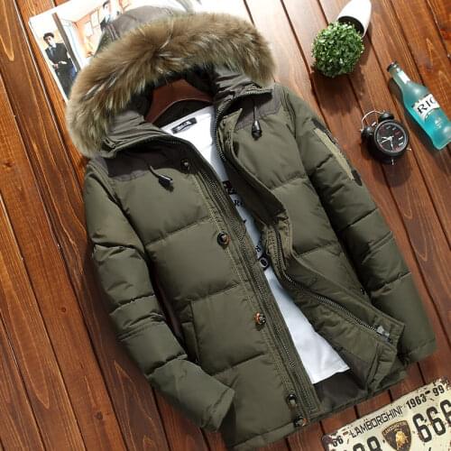 Winter Mens Thick Hooded Down Jacket Casual Mens Solid Color White Duck Down Coat with Fur Collar Male Warm Zipper Outwear Top