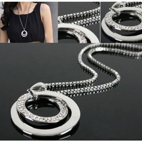 1Pc Womens Fashion Rhinestone Double Circle Long Chain Pendant Necklace Gifts