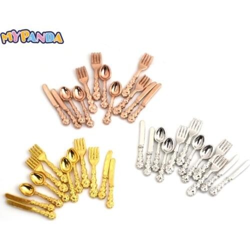 12pcs/set Vintage Dollhouse Miniatures Tableware Mini Cutlery Knife Fork Spoon Childrens Toy For Doll House Decor