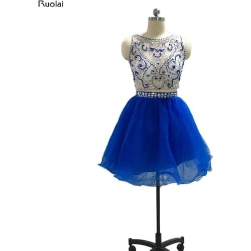 2016 New Arrival Real Sample Custom Made Royal Blue Tulle Beading Crystal Two Pieces Short Prom Dresses For Party