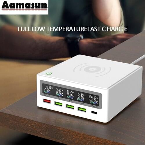 QC3.0 USB Type C PD 65W Power Adapter LCD Qi Wireless Charger Cellphone Fast Charger Station for Laptop Tablet Usb Charger