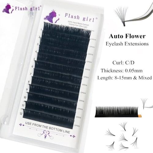 Flash Girl Easy Fan Eyelash Extension Mink Shiny Black and Mixed Length Easy Blooming Eyelash Extension Makeup Sample for Salon