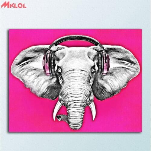 Large Wall art Elephant-with-Headphones Canvas Painting For Living Room Home Decoration Oil Painting On Canvas Wall Painting