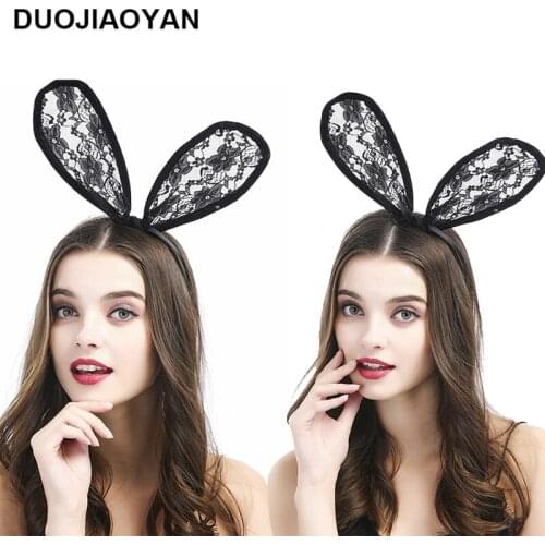 DUOJIAOYAN Hot Sale Sexy Halloween Party Hair Band Cosplay Accessories Fashional Lace Bunny Rabbit Ears Headband For Women Girls