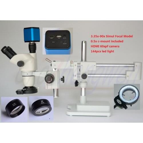 FYSCOPE 3.35X-90X ! DOUBLE BOOM STAND TRINOCULAR SIMUL FOCAL HEAD INSPECT STEREO ZOOM MICROSCOPE+60SPF HDMI CAMERA