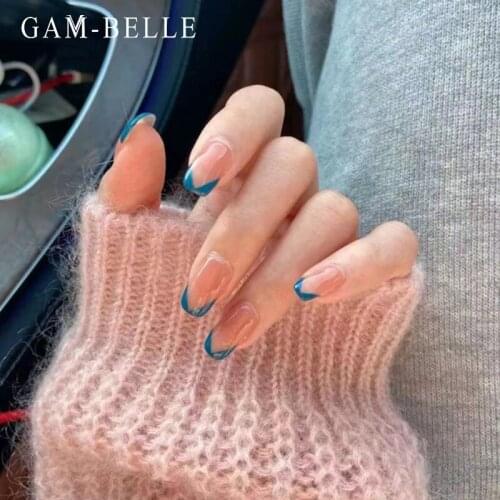 GAM-BELLE 24Pcs False Nails French V Shape Blue Tips Designs Long Square Full Cover Detachable Artificial Fake Nails Decoration