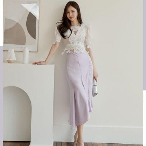 2 Pieces Set Summer Dress White Lace Tops Bodycon Purple Asymmetrical Skirts Bandage Sexy Party Lady Women Dress Korean Clothes