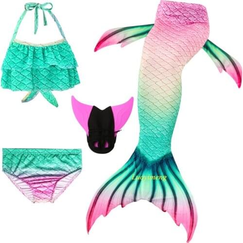 Kids Swimmable Mermaid Tail for Girls Chidlren Swimming Bating Suit Mermaid Costume Tails Swimsuit 4pcs Bikini Sets With Monofin