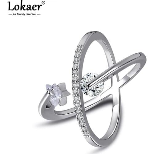 Lokaer Office Design Fashion X Shape Anniversary Rings For Women Micro Paved Star & Round Cubic Zirconia Ring Jewelry LR17180