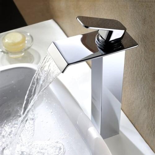 Basin Tap Copper Waterfall Bathroom Faucet Vanity Vessel Sink Tap Single Lever Cold and Hot Water Mixer Tap Crane Deck Mounted