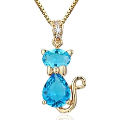 Cute Blue Cat Gatos Suspension Necklaces & Pendants Chain Necklace Women Grils Jewelry Gold Color Collier
