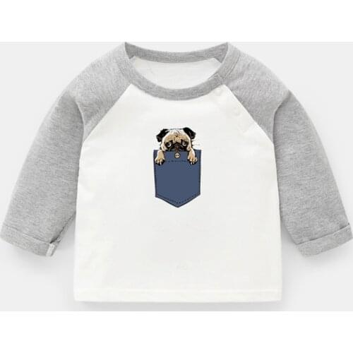 Cute Pug Dog in My Pocket Design Newborn Baby T-shirts Toddler Raglan Color Long Sleeve Tee Tops