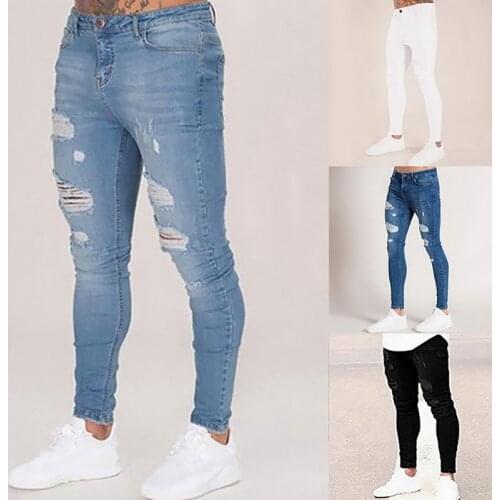 Puimentiua Mens Solid Color Jeans 2021 New Fashion Slim Pencil Pants Sexy Casual Hole Ripped Design Streetwear
