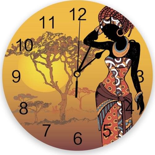 African Woman Plant Trees Art Wall Clock For Home Living Room Bar Cafe Decor Silent Round Pvc Wall Clocks