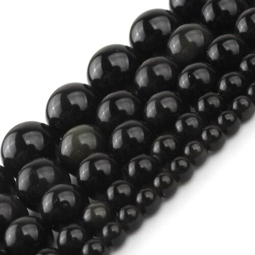 Natural Black Obsidian 4 6 8 10 12 mm Round Loose Stone Beads DIY Men Charms Bracelet Necklace 15 inch For Jewelry Making New