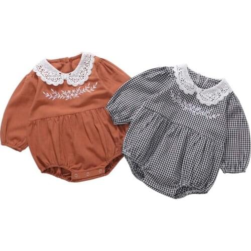 Autumn Baby Girl Bodysuits Jumpsuit Plaid Long Sleeve Baby Clothes Girls Flower Embroidery Bodysuit
