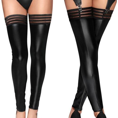 Sexy PU Leather Stockings Women Lace Stripe Black Thigh High Socks Gothic Overknees Striped High Socks Stay Up Stockings