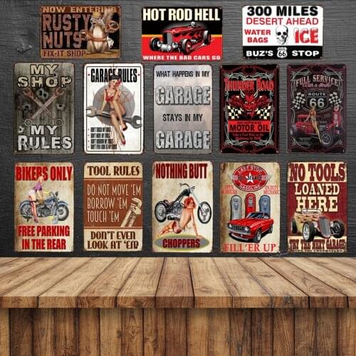 Garage Rules Wall Decor Hot Rod Hell Metal Poster Car Bikers Motor Oil Full Service Metal Signs Shop Garage Decoration YN186