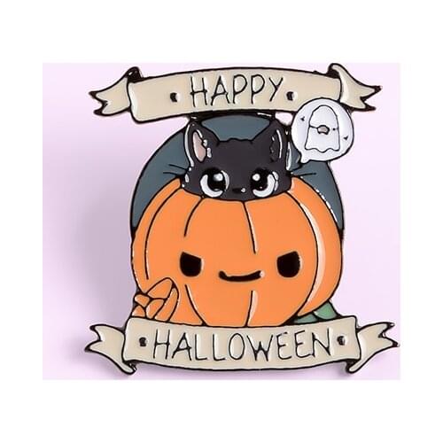 "Happy Halloween" Cute Evil Pumpkin Brooch Innocent Cat Devil Clothes Backpack Enamel Lapel Pins Gift For Kids Badges
