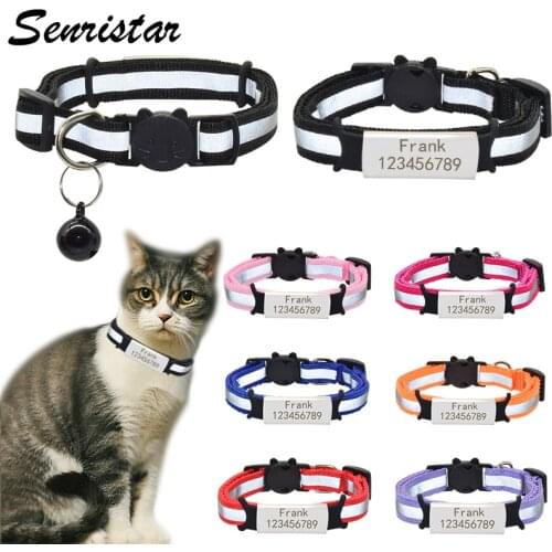 Custom Reflective Nameplate Cat Collar Bell Personalized Safety Nylon Engraved ID Name Tag Cat Collar Necklace Pet Kitten Collar