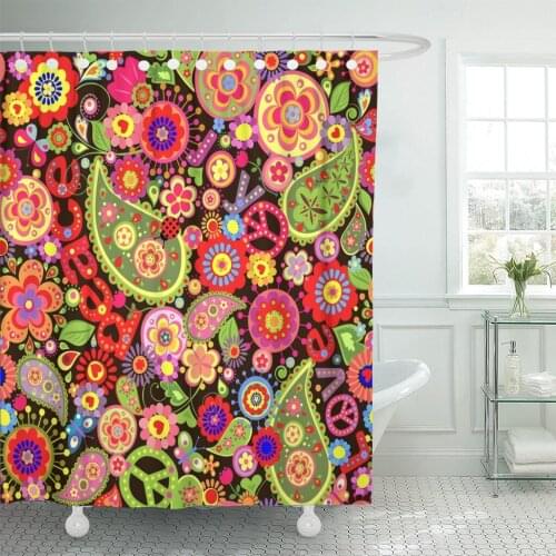 Hippy Hippie Colorful Flower Power Pattern Paisley 1970S 70S Waterproof Polyester Fabric Shower Curtain 60 x 72 inches Set